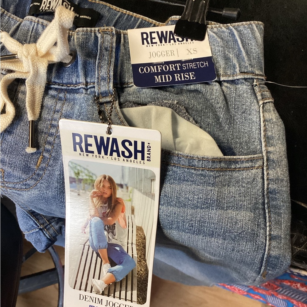 Rewash Women's Blue Jean joggers pull on mid rise stretch - Picture 3 of 5